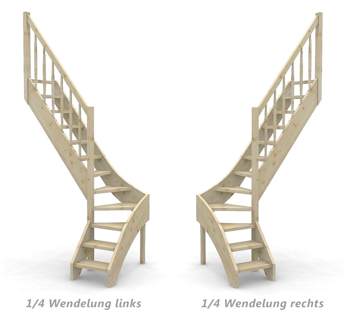 Raumspartreppe mit 1/4 Wendelung ab Stufe 3 - Geländer ab Eckpfosten mit Rechteckstab Sprossen und Holzhandlauf - Treppenbreite 60 cm - Fichte 40 mm - Angebot Nr. 3108602