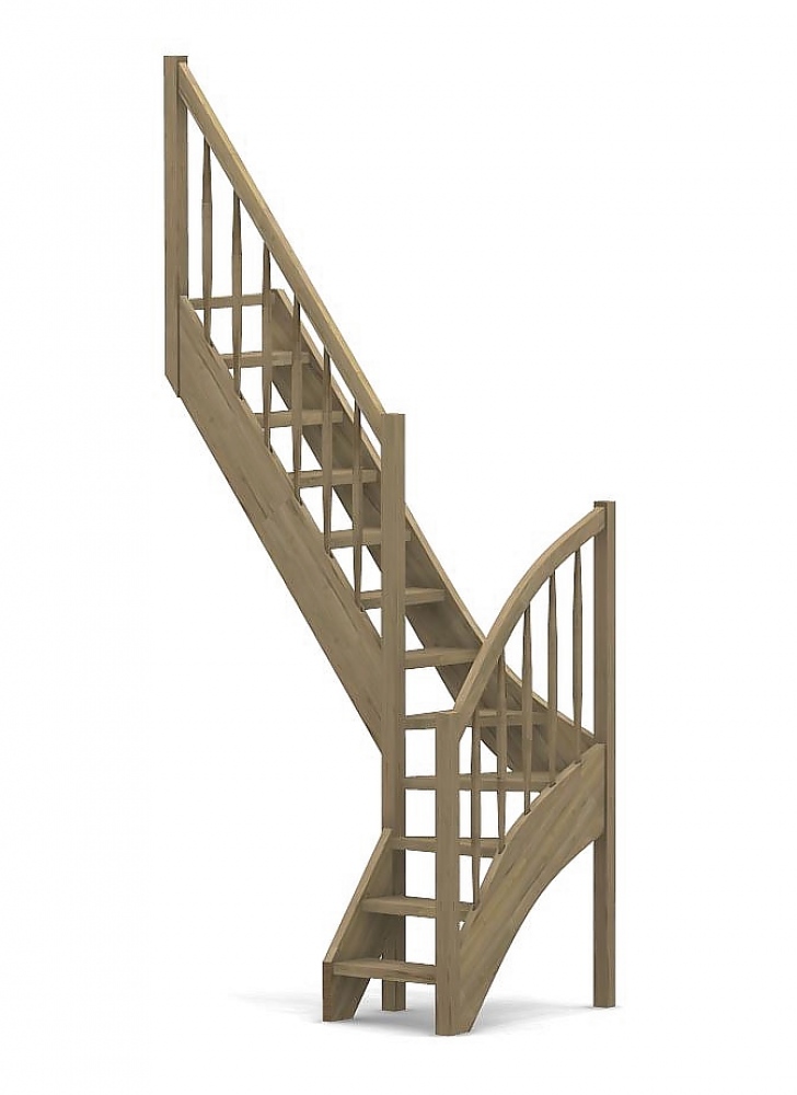 Raumspartreppe mit 1/4 Wendelung ab Stufe 3 - Rechteckstab Sprossen Geländer ab Eckpfosten und Zusatzgeländer außen ab Antritt bis Ecke - Treppenbreite 60 cm - Eiche 40 mm - Angebot Nr. 3178652
