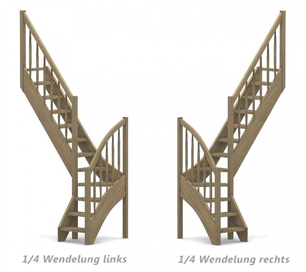 Raumspartreppe mit 1/4 Wendelung ab Stufe 3 - Rechteckstab Sprossen Geländer ab Eckpfosten und Zusatzgeländer außen ab Antritt bis Ecke - Treppenbreite 60 cm - Eiche 40 mm - Angebot Nr. 3178652