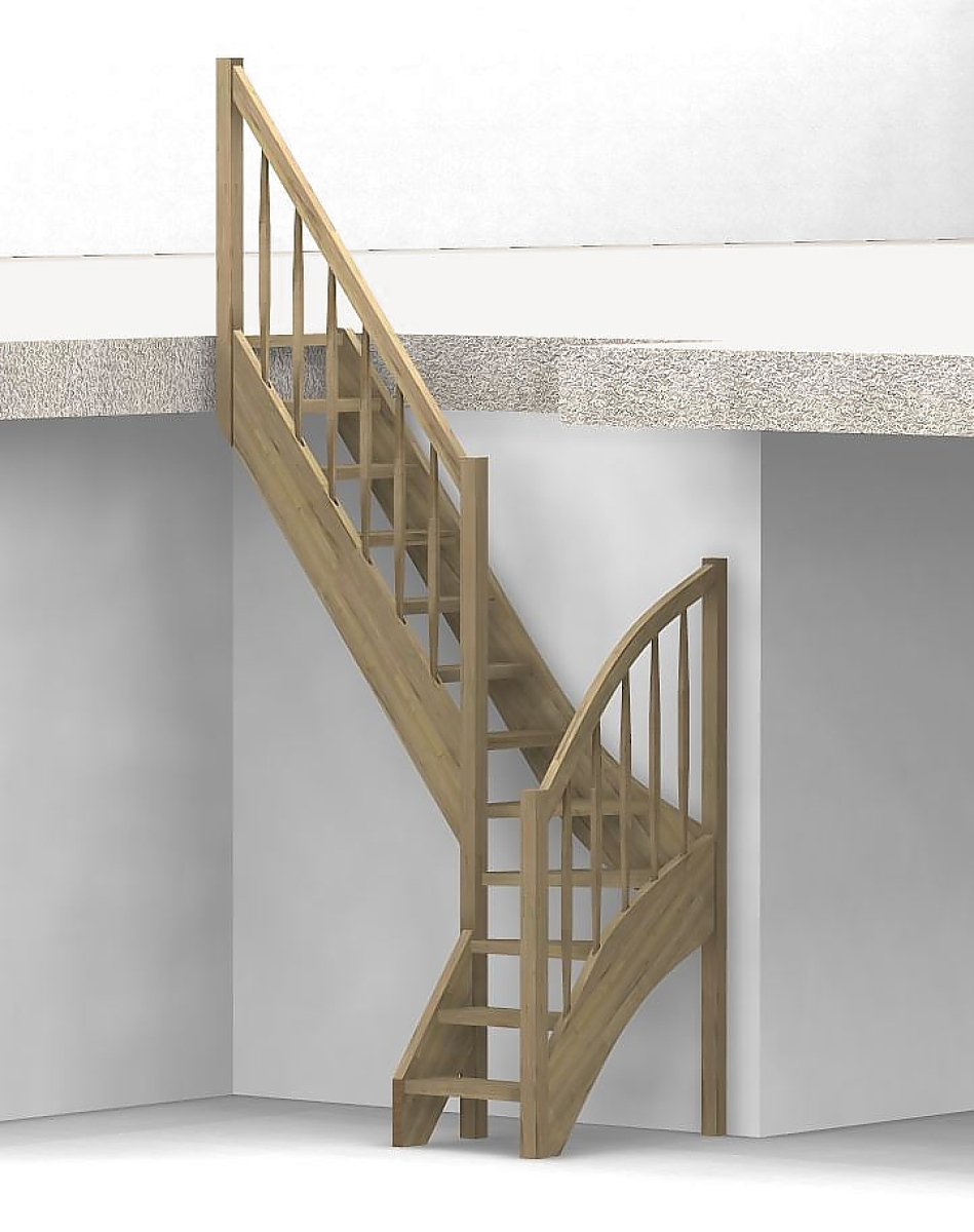 Raumspartreppe mit 1/4 Wendelung ab Stufe 3 - Rechteckstab Sprossen Geländer ab Eckpfosten und Zusatzgeländer außen ab Antritt bis Ecke - Treppenbreite 60 cm - Eiche 40 mm - Angebot Nr. 3178652