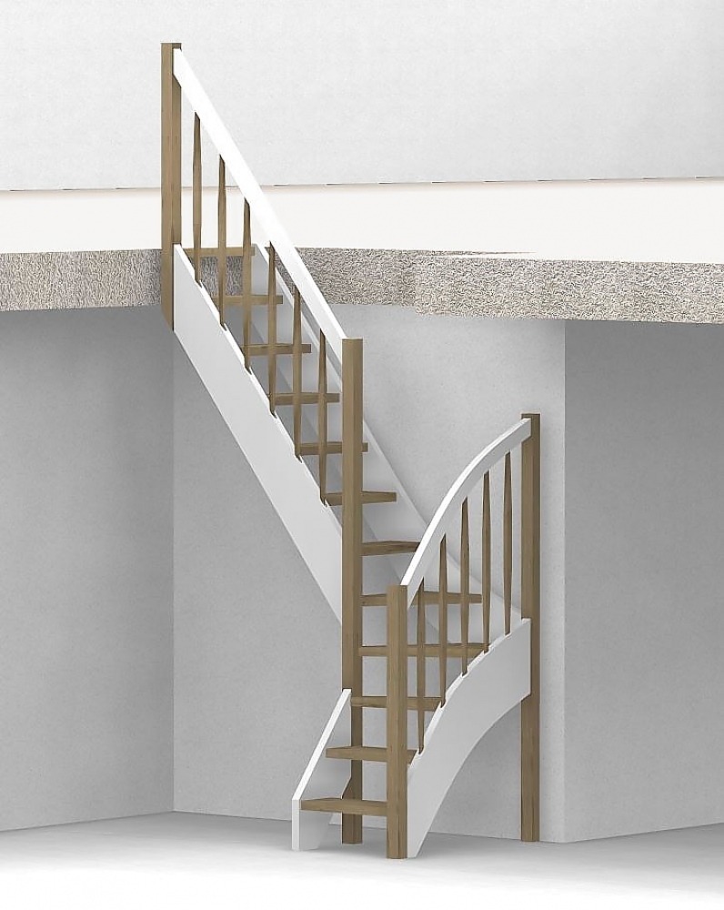 Raumspartreppe mit 1/4 Wendelung ab Stufe 3 - Rechteckstab Sprossen Geländer ab Eckpfosten und Zusatzgeländer außen ab Antritt bis Ecke - Treppenbreite 60 cm - Eiche 40 mm - Angebot Nr. 3178652