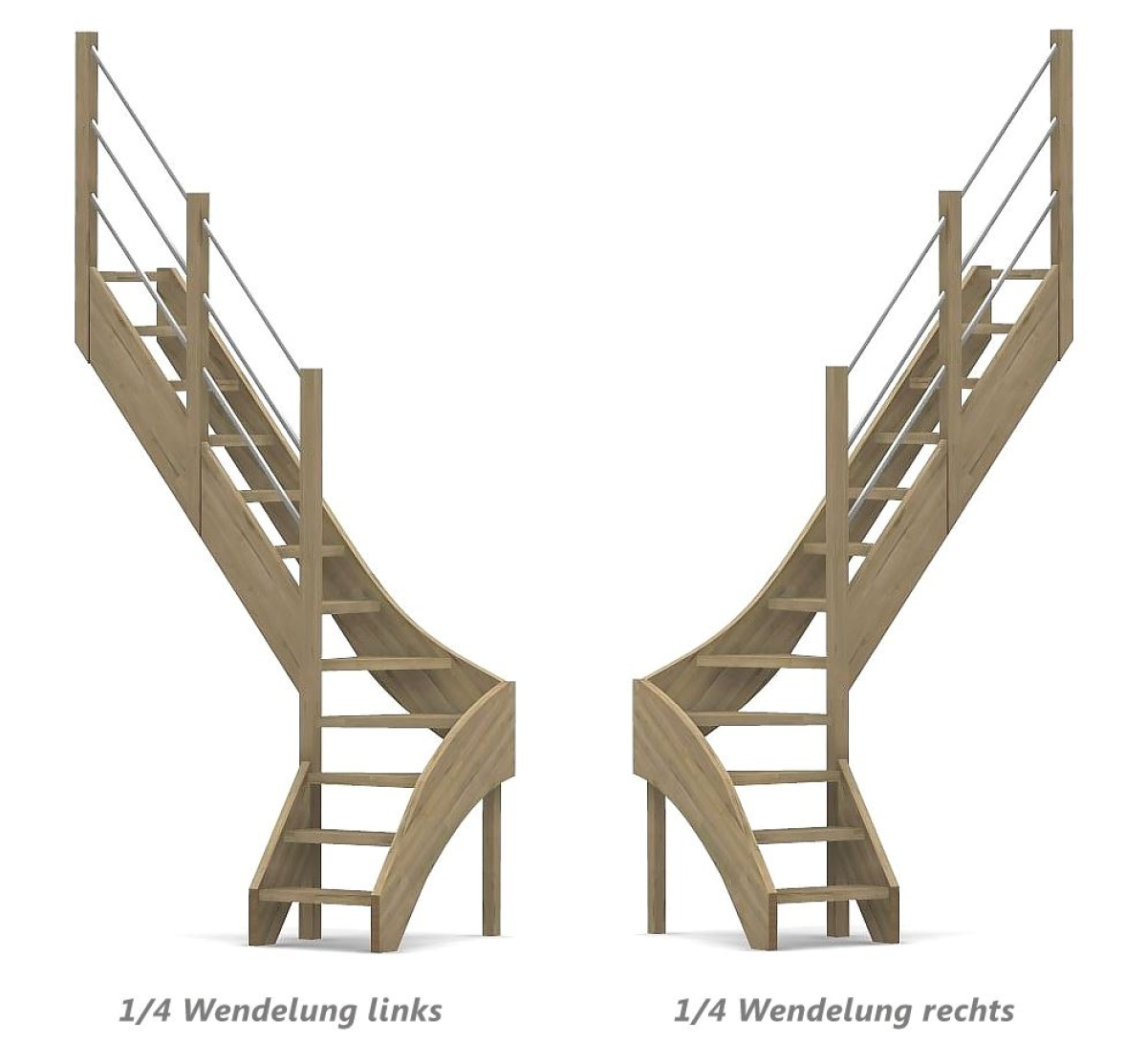 Raumspartreppe mit 1/4 Wendelung ab Stufe 3 und Pfostengeländer - 2 Alu Gurte mit Alu Handlauf und Mittelpfosten - Edelstahl wählbar - Treppenbreite 60 cm - Eiche 40 mm - Angebot Nr. 3178202