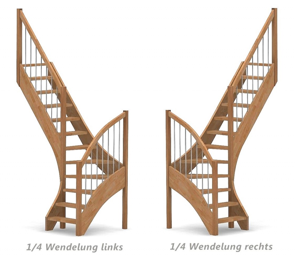 Nebentreppe mit 1/4 Wendelung ab Stufe 3 - Alu Sprossen Geländer ab Eckpfosten und Zusatzgeländer außen ab Antritt bis Ecke - Treppenbreite 75 cm - Buche 40 mm - Angebot Nr. 3238352