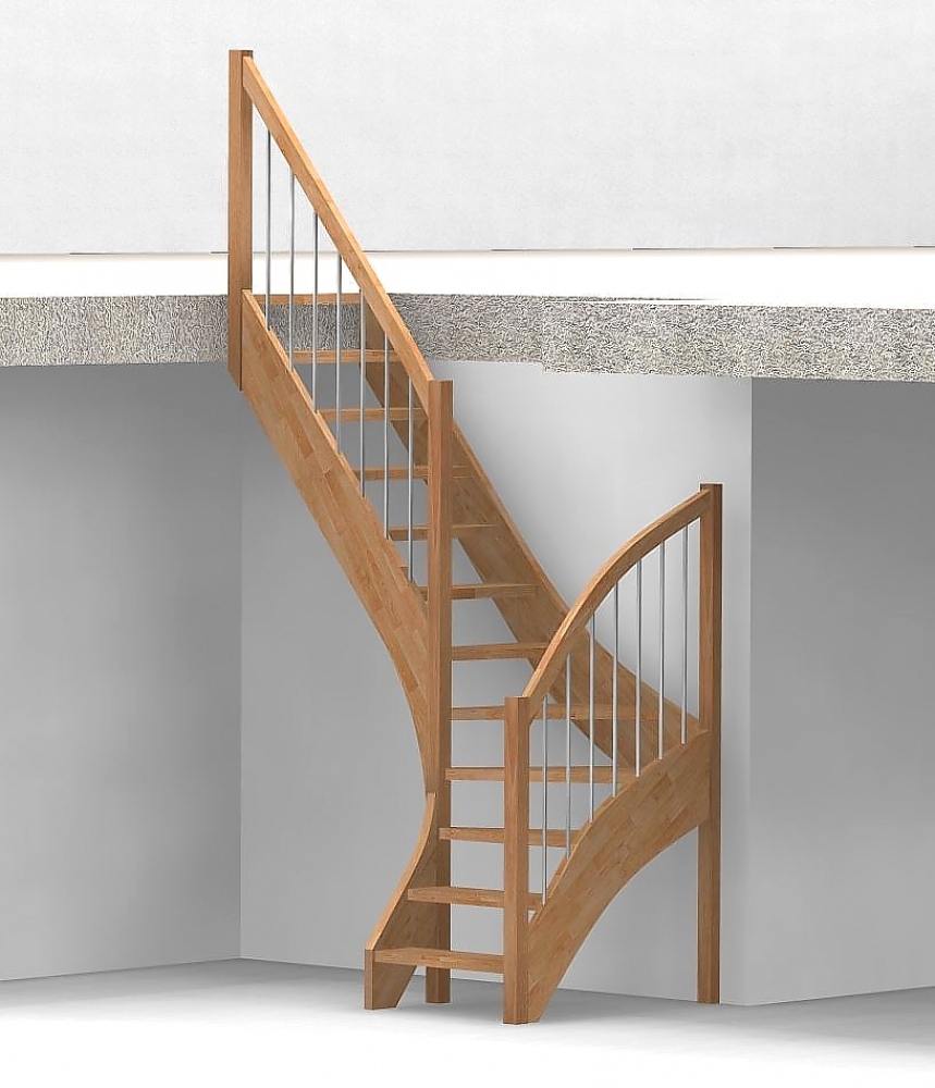 Nebentreppe mit 1/4 Wendelung ab Stufe 3 - Alu Sprossen Geländer ab Eckpfosten und Zusatzgeländer außen ab Antritt bis Ecke - Treppenbreite 75 cm - Buche 40 mm - Angebot Nr. 3238352