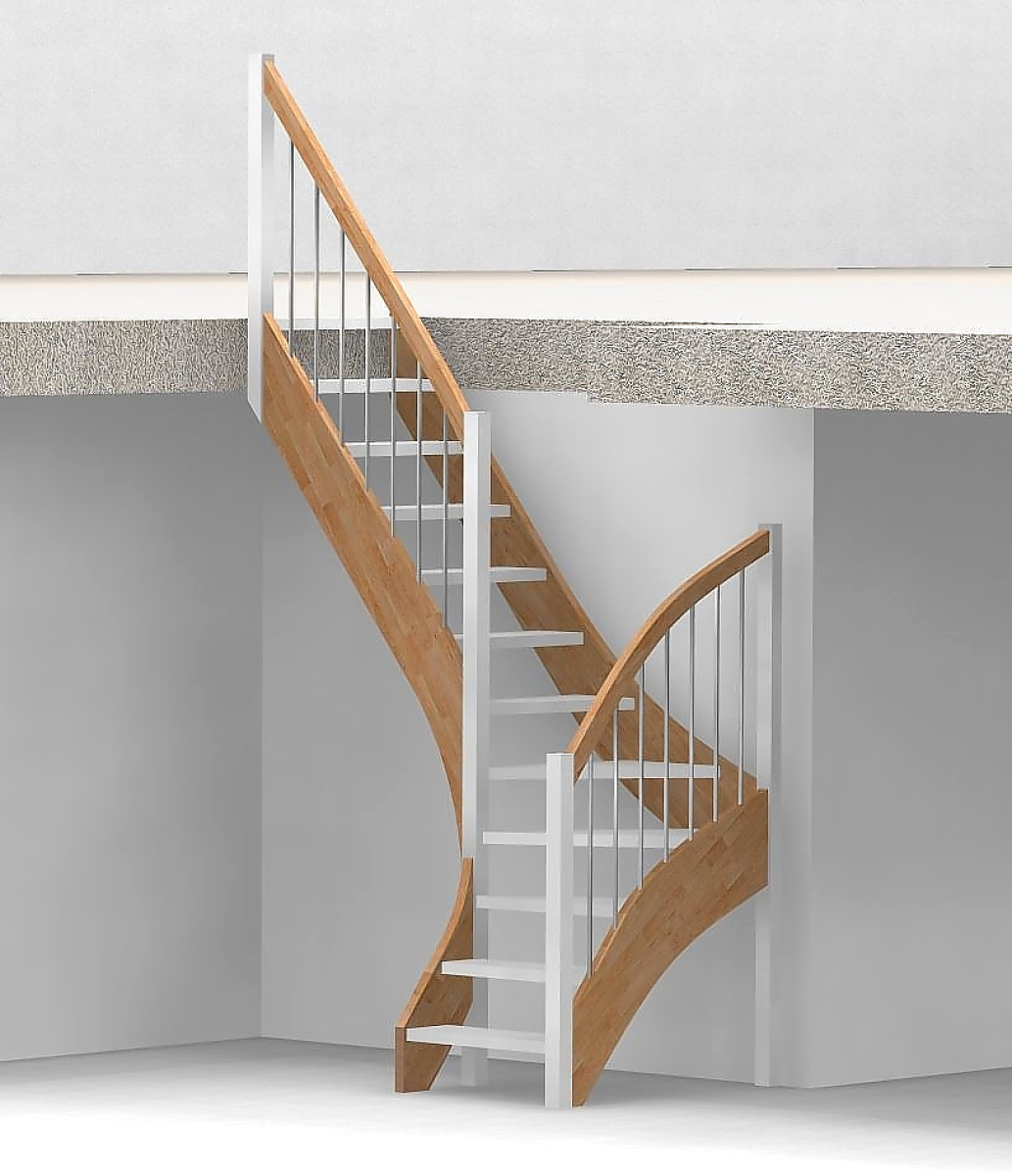 Nebentreppe mit 1/4 Wendelung ab Stufe 3 - Alu Sprossen Geländer ab Eckpfosten und Zusatzgeländer außen ab Antritt bis Ecke - Treppenbreite 75 cm - Buche 40 mm - Angebot Nr. 3238352