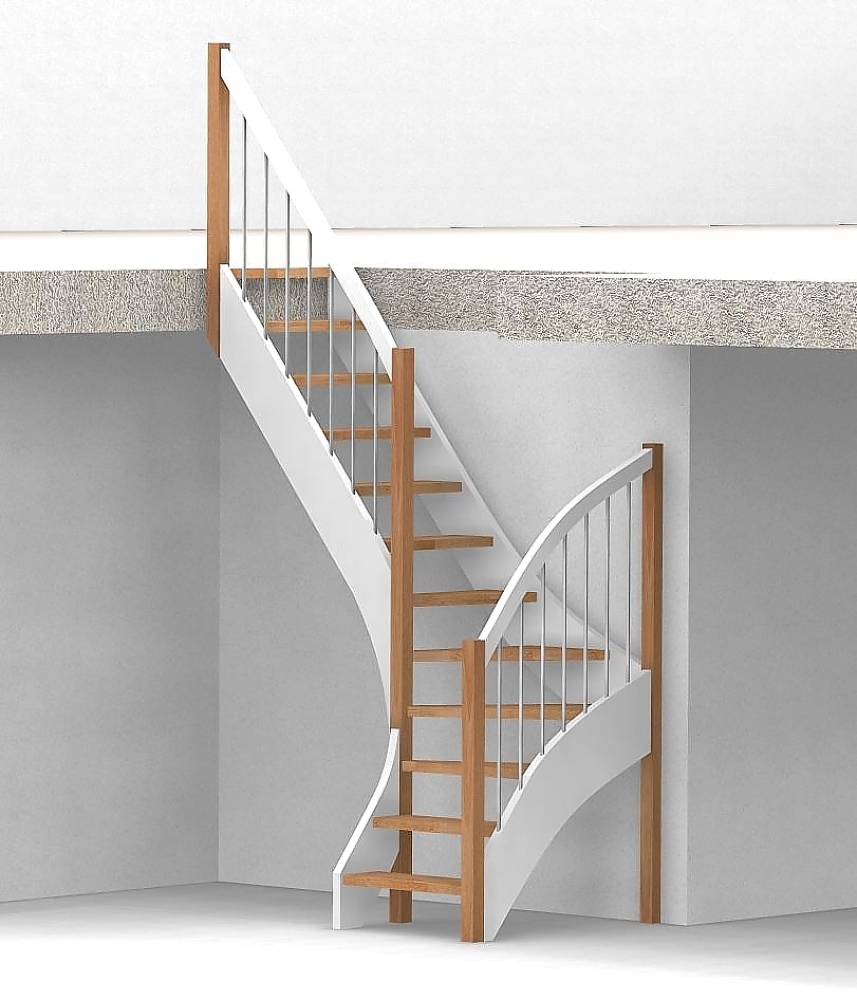 Nebentreppe mit 1/4 Wendelung ab Stufe 3 - Alu Sprossen Geländer ab Eckpfosten und Zusatzgeländer außen ab Antritt bis Ecke - Treppenbreite 75 cm - Buche 40 mm - Angebot Nr. 3238352