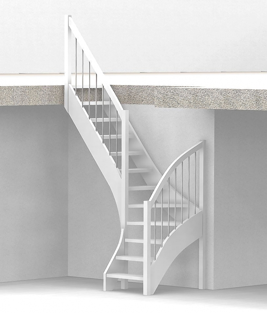 Nebentreppe mit 1/4 Wendelung ab Stufe 3 - Alu Sprossen Geländer ab Eckpfosten und Zusatzgeländer außen ab Antritt bis Ecke - Treppenbreite 75 cm - Buche 40 mm - Angebot Nr. 3238352