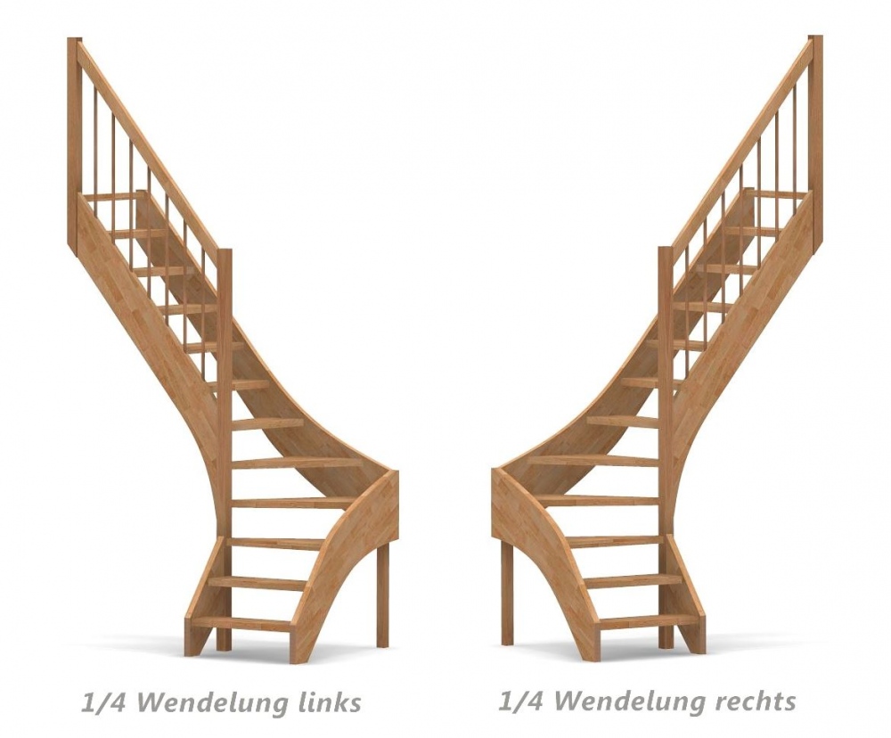 Nebentreppe mit 1/4 Wendelung ab Stufe 3 - Geländer ab Eckpfosten mit Rundstab Sprossen und Holzhandlauf - Treppenbreite 75 cm - Buche 40 mm - Angebot Nr. 3238702