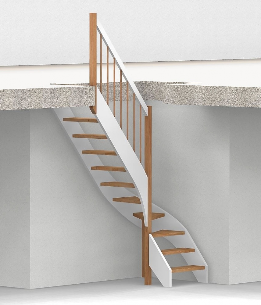 Nebentreppe mit 1/4 Wendelung ab Stufe 3 - Geländer ab Eckpfosten mit Rundstab Sprossen und Holzhandlauf - Treppenbreite 75 cm - Buche 40 mm - Angebot Nr. 3238702
