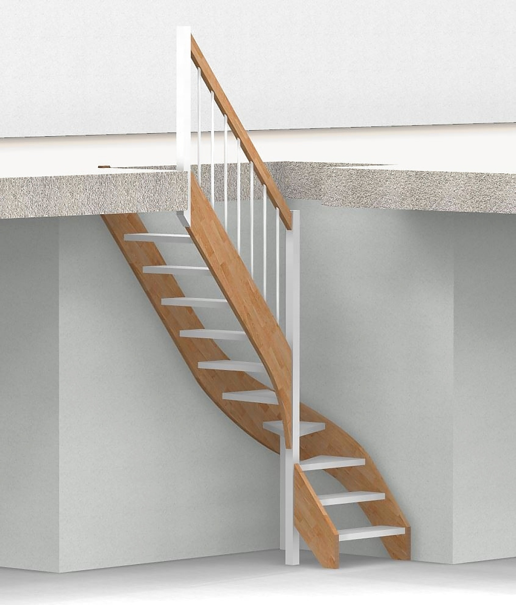 Nebentreppe mit 1/4 Wendelung ab Stufe 3 - Geländer ab Eckpfosten mit Rundstab Sprossen und Holzhandlauf - Treppenbreite 75 cm - Buche 40 mm - Angebot Nr. 3238702