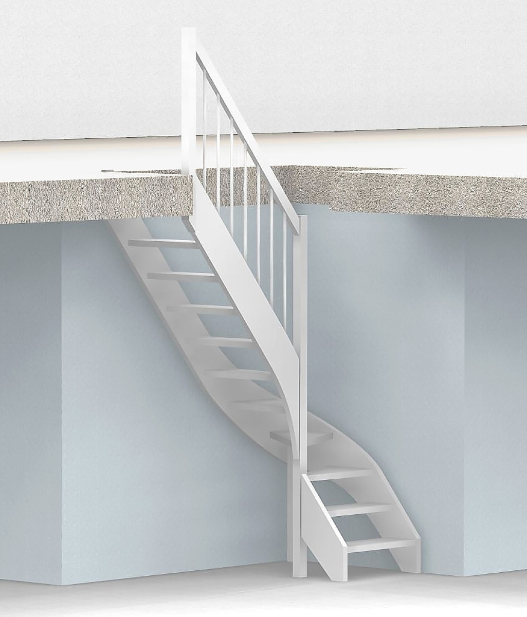 Nebentreppe mit 1/4 Wendelung ab Stufe 3 - Geländer ab Eckpfosten mit Rundstab Sprossen und Holzhandlauf - Treppenbreite 75 cm - Buche 40 mm - Angebot Nr. 3238702