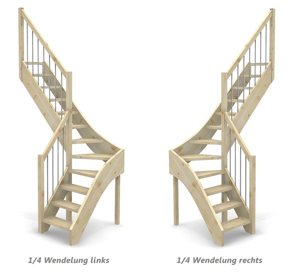 Raumspartreppe mit 1/4 Wendelung ab Stufe 4 - Geländer ab Antritt mit Edelstahl Sprossen und Holzhandlauf - Treppenbreite 61 cm - Fichte 40 mm - Angebot Nr. 5108402