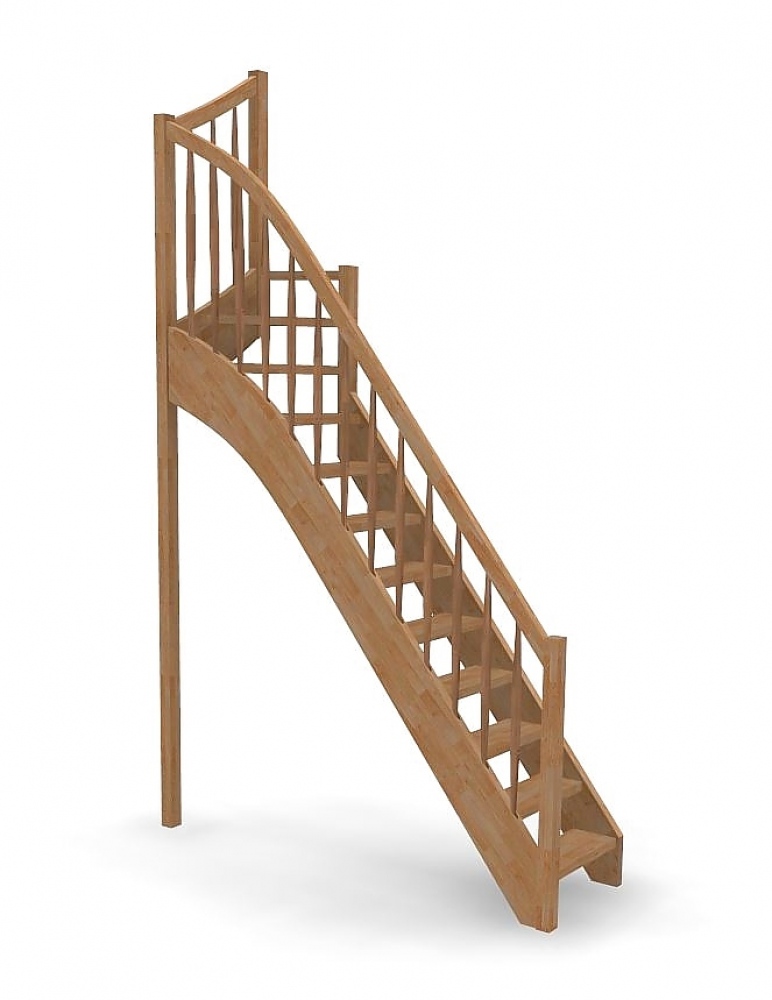 Raumspartreppe mit 1/4 Wendelung oben und Rechteckstab Sprossen Geländer außen ab Antritt bis Austritt - Treppenbreite 61 cm - Buche 40 mm - Angebot Nr. 6138692