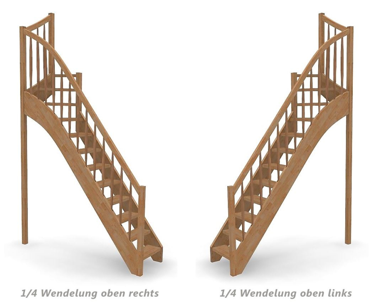 Raumspartreppe mit 1/4 Wendelung oben und Rechteckstab Sprossen Geländer außen ab Antritt bis Austritt - Treppenbreite 61 cm - Buche 40 mm - Angebot Nr. 6138692