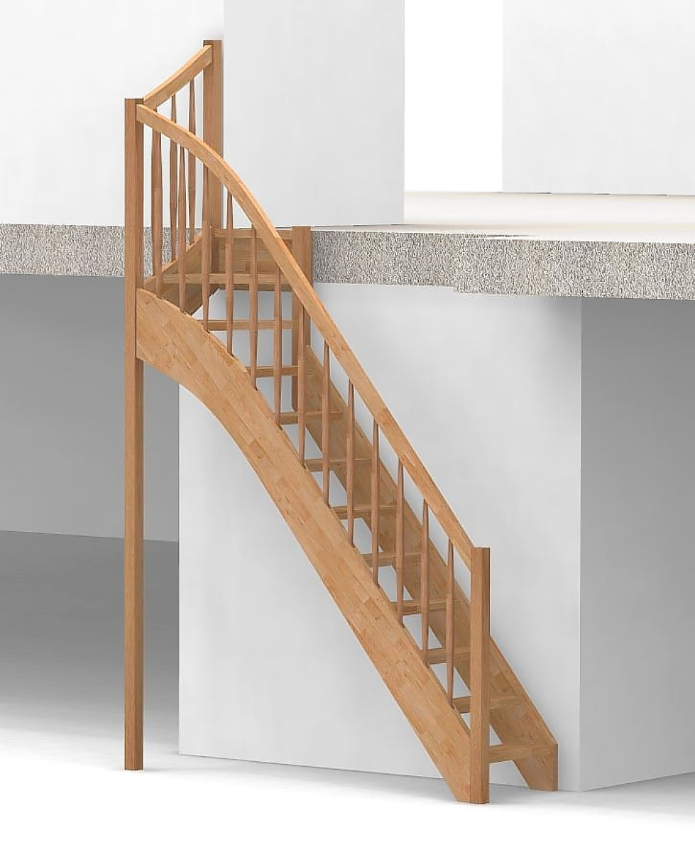 Raumspartreppe mit 1/4 Wendelung oben und Rechteckstab Sprossen Geländer außen ab Antritt bis Austritt - Treppenbreite 61 cm - Buche 40 mm - Angebot Nr. 6138692