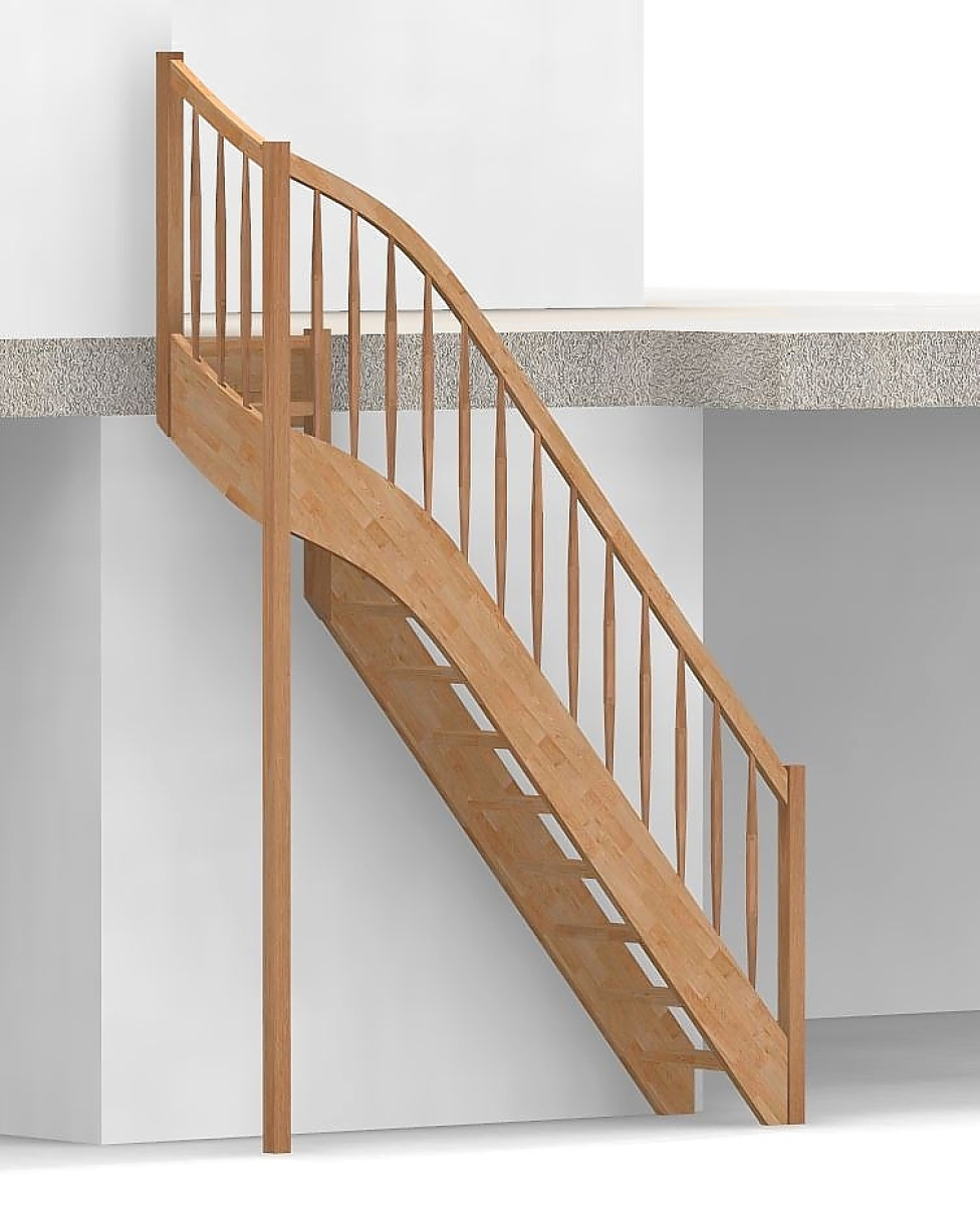 Raumspartreppe mit 1/4 Wendelung oben und Rechteckstab Sprossen Geländer außen ab Antritt bis Austritt - Treppenbreite 61 cm - Buche 40 mm - Angebot Nr. 6138692