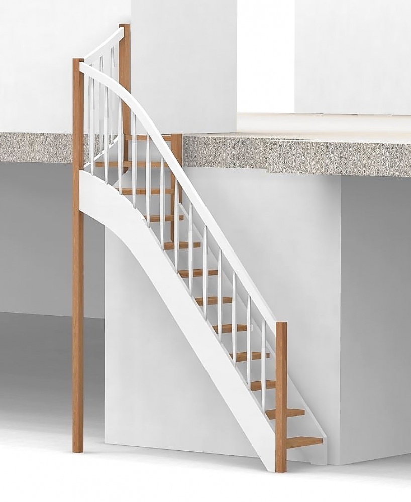 Raumspartreppe mit 1/4 Wendelung oben und Rechteckstab Sprossen Geländer außen ab Antritt bis Austritt - Treppenbreite 61 cm - Buche 40 mm - Angebot Nr. 6138692