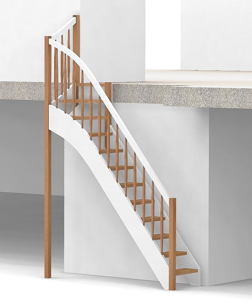 Raumspartreppe mit 1/4 Wendelung oben und Rechteckstab Sprossen Geländer außen ab Antritt bis Austritt - Treppenbreite 61 cm - Buche 40 mm - Angebot Nr. 6138692