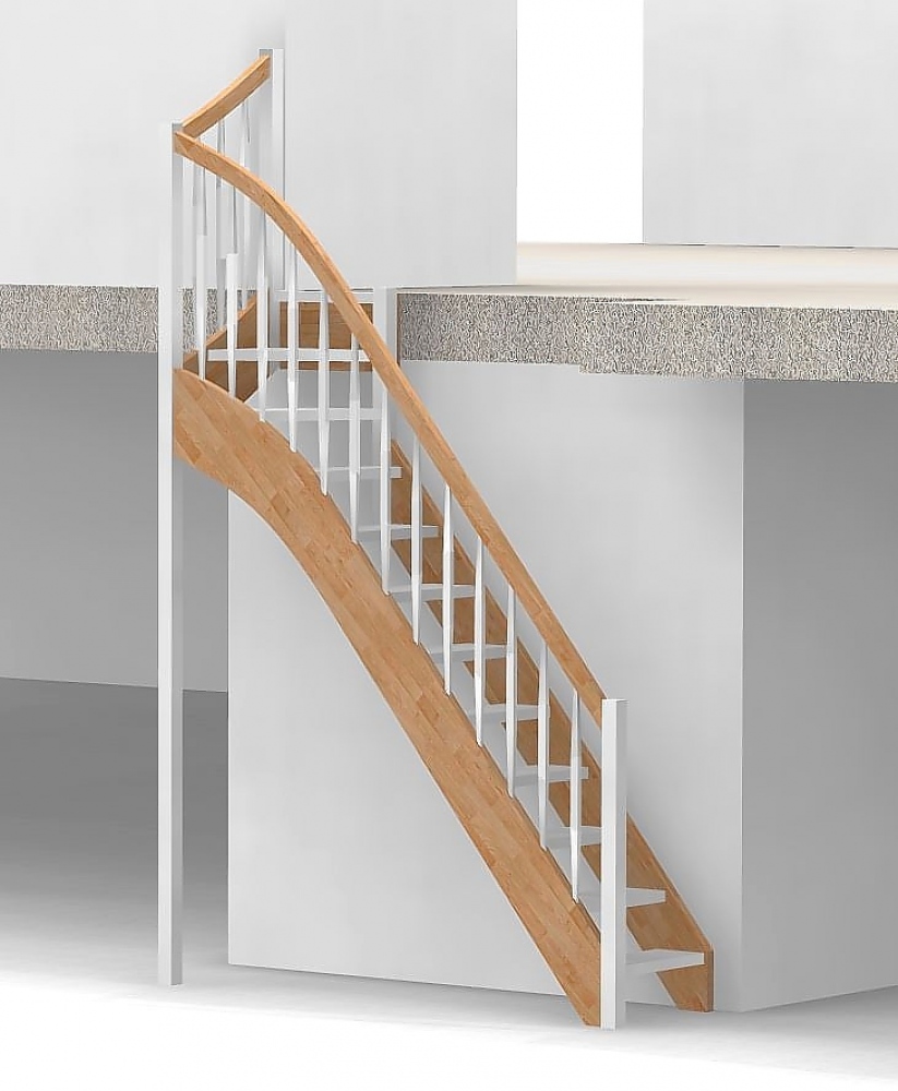 Raumspartreppe mit 1/4 Wendelung oben und Rechteckstab Sprossen Geländer außen ab Antritt bis Austritt - Treppenbreite 61 cm - Buche 40 mm - Angebot Nr. 6138692