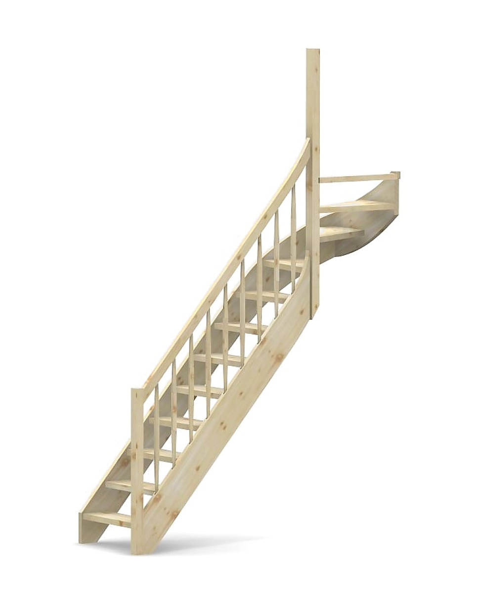Nebentreppe mit 1/4 Wendelung oben und Geländer - Rechteckstab Sprossen mit Holzhandlauf - Treppenbreite 75 cm - Fichte 40 mm - Angebot Nr. 6208602