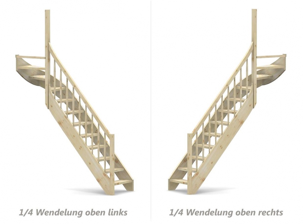Nebentreppe mit 1/4 Wendelung oben und Geländer - Rechteckstab Sprossen mit Holzhandlauf - Treppenbreite 75 cm - Fichte 40 mm - Angebot Nr. 6208602
