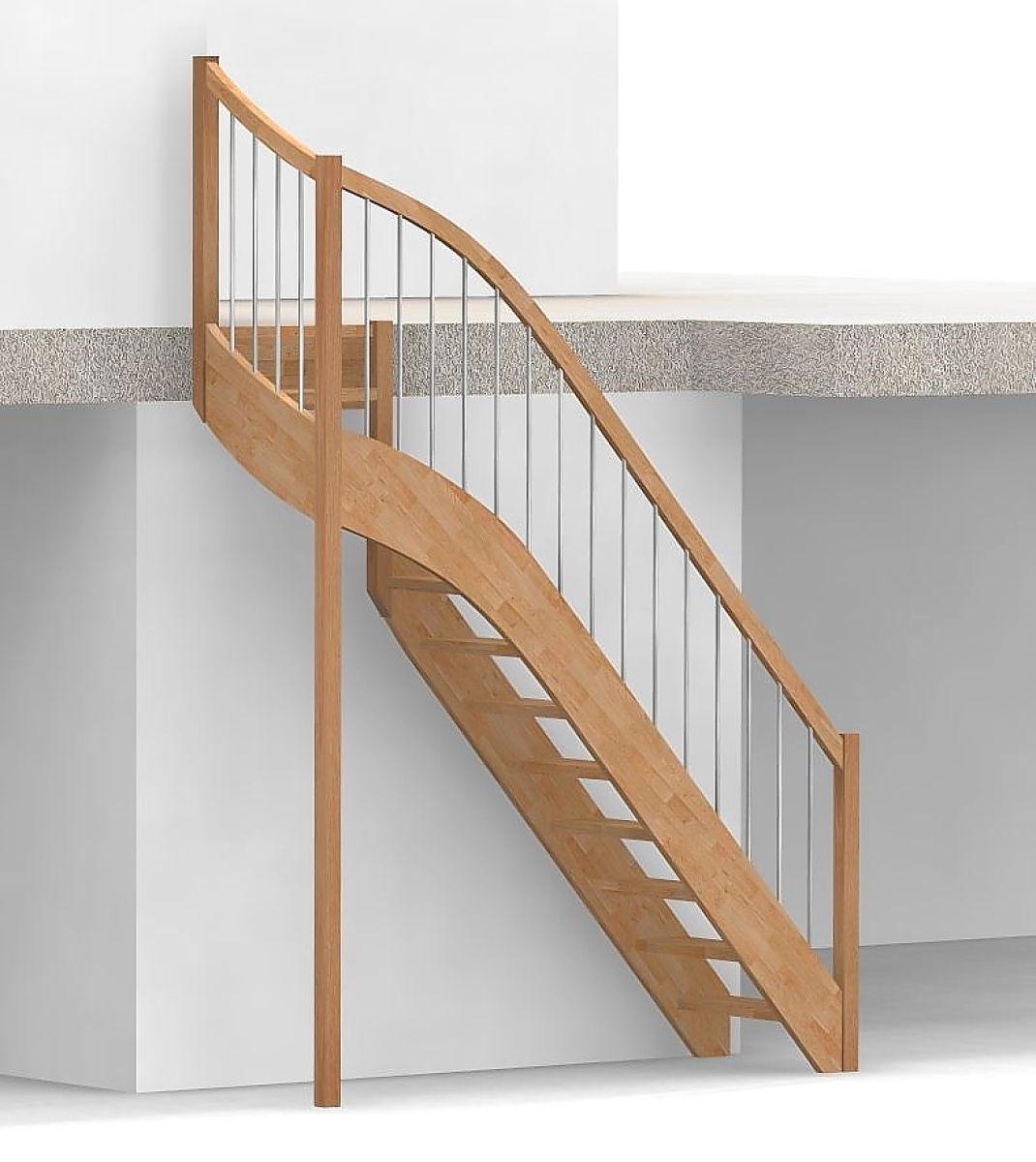 Nebentreppe mit 1/4 Wendelung oben und Edelstahl Sprossen  Geländer außen ab Antritt bis Austritt - Treppenbreite 75 cm - Buche 40 mm - Angebot Nr. 6238492