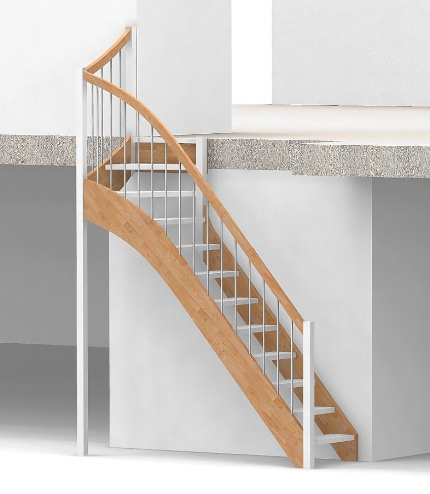 Nebentreppe mit 1/4 Wendelung oben und Edelstahl Sprossen  Geländer außen ab Antritt bis Austritt - Treppenbreite 75 cm - Buche 40 mm - Angebot Nr. 6238492