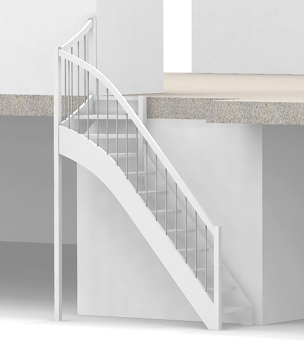 Nebentreppe mit 1/4 Wendelung oben und Edelstahl Sprossen  Geländer außen ab Antritt bis Austritt - Treppenbreite 75 cm - Buche 40 mm - Angebot Nr. 6238492