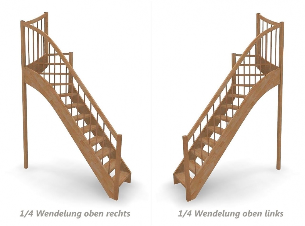 Nebentreppe mit 1/4 Wendelung oben und Rundstab Sprossen Geländer außen ab Antritt bis Austritt - Treppenbreite 75 cm - Buche 40 mm - Angebot Nr. 6238792