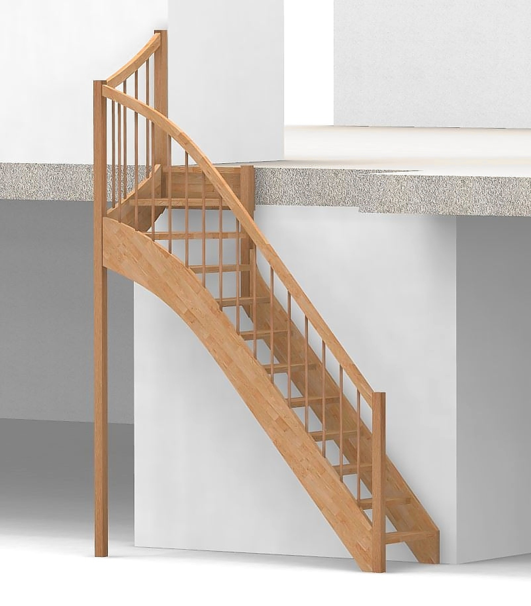Nebentreppe mit 1/4 Wendelung oben und Rundstab Sprossen Geländer außen ab Antritt bis Austritt - Treppenbreite 75 cm - Buche 40 mm - Angebot Nr. 6238792