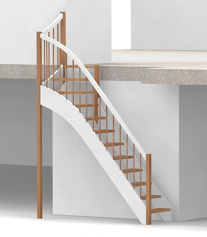 Nebentreppe mit 1/4 Wendelung oben und Rundstab Sprossen Geländer außen ab Antritt bis Austritt - Treppenbreite 75 cm - Buche 40 mm - Angebot Nr. 6238792