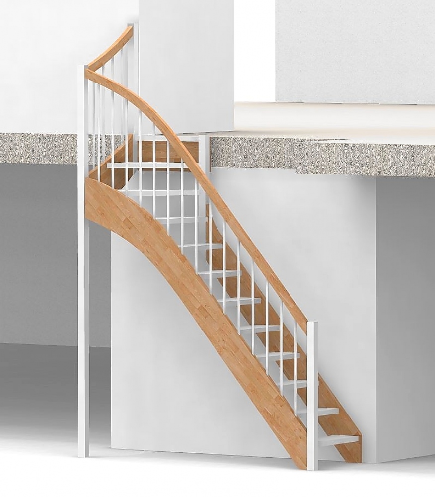 Nebentreppe mit 1/4 Wendelung oben und Rundstab Sprossen Geländer außen ab Antritt bis Austritt - Treppenbreite 75 cm - Buche 40 mm - Angebot Nr. 6238792