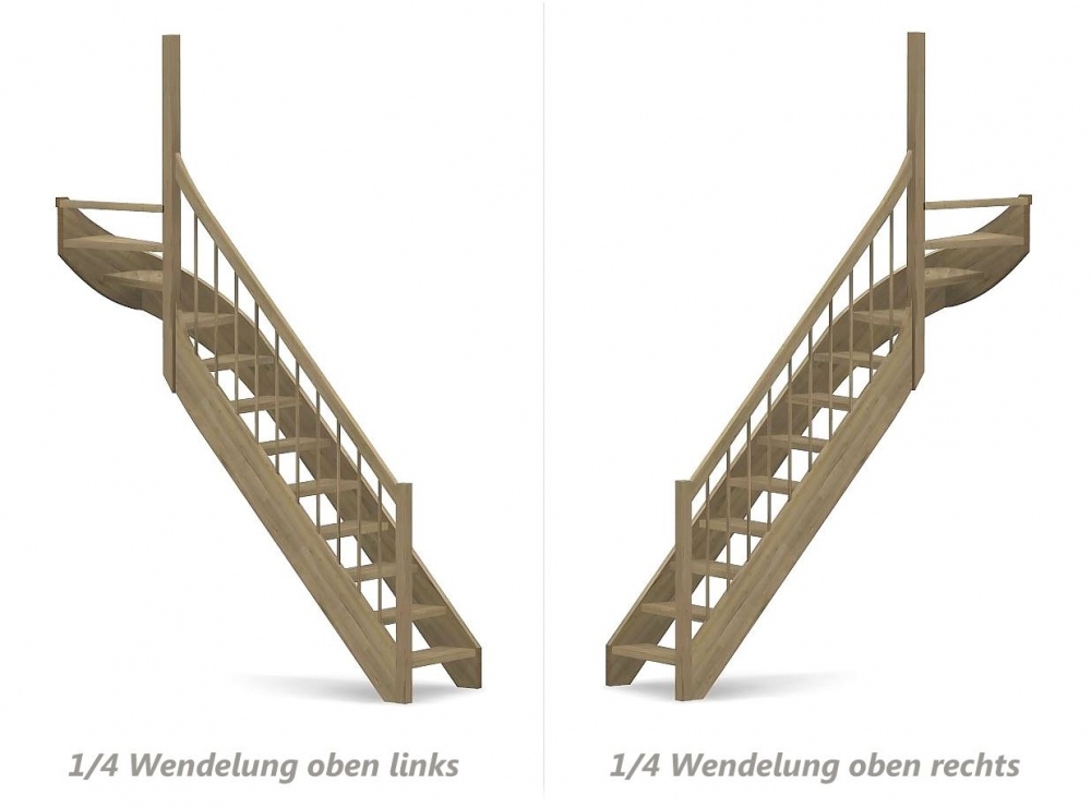 Nebentreppe mit 1/4 Wendelung oben und Geländer - Rundstab Sprossen mit Holzhandlauf - Treppenbreite 75 cm - Eiche 40 mm - Angebot Nr. 6278702