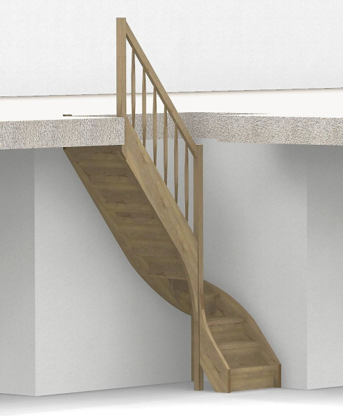 Nebentreppe mit Setzstufen und 1/4 Wendelung ab Stufe 3 - Geländer ab Eckpfosten mit Rechteckstab Sprossen und Holzhandlauf - Treppenbreite 75 cm - Eiche 40 mm - Angebot Nr. 3278604