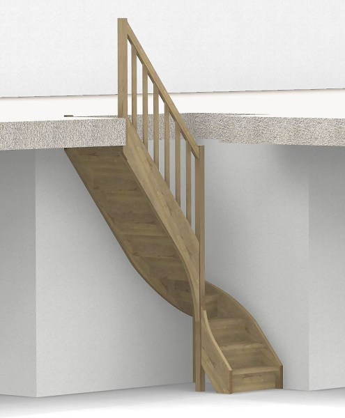 Nebentreppe mit Setzstufen und 1/4 Wendelung ab Stufe 3 - Geländer ab Eckpfosten mit Brettstab Sprossen und Holzhandlauf - Treppenbreite 75 cm - Eiche 40 mm - Angebot Nr. 3278504
