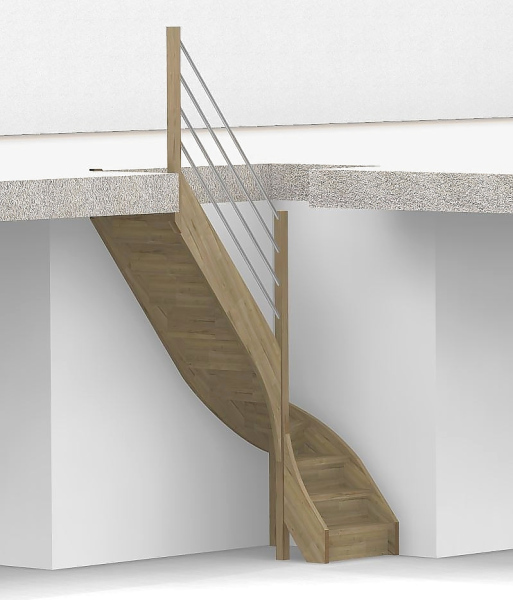Nebentreppe mit Setzstufen und 1/4 Wendelung ab Stufe 3 mit Pfostengeländer - 3 Alu Gurte mit Alu Handlauf - Edelstahl wählbar - Treppenbreite 75 cm - Eiche 40 mm - Angebot Nr. 3278004