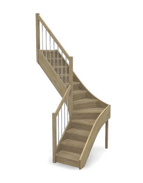 Nebentreppe mit Setzstufen und 1/4 Wendelung ab Stufe 4 - Geländer ab Antritt mit Alu Sprossen und Holzhandlauf - Treppenbreite 75 cm - Eiche 40 mm - Angebot Nr. 5278304