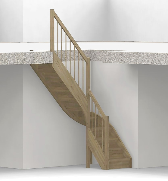 Nebentreppe mit Setzstufen und 1/4 Wendelung ab Stufe 4 - Geländer ab Antritt mit Rundstab Sprossen und Holzhandlauf - Treppenbreite 75 cm - Eiche 40 mm - Angebot Nr. 5278704