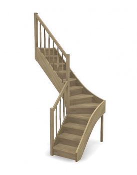 Nebentreppe mit Setzstufen und 1/4 Wendelung ab Stufe 4 - Geländer ab Antritt mit Rechteckstab Sprossen und Holzhandlauf - Treppenbreite 75 cm - Eiche 40 mm - Angebot Nr. 5278604