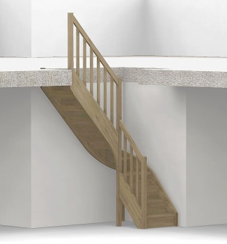 Nebentreppe mit Setzstufen und 1/4 Wendelung ab Stufe 4 - Geländer ab Antritt mit Brettstab Sprossen und Holzhandlauf - Treppenbreite 75 cm - Eiche 40 mm - Angebot Nr. 5278504