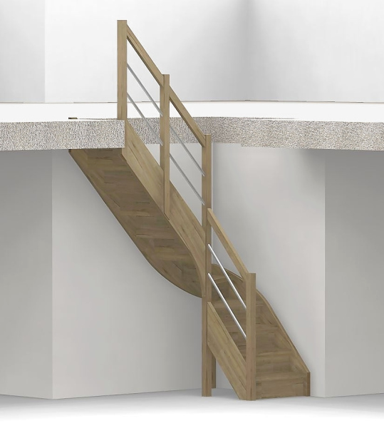 Nebentreppe mit Setzstufen und 1/4 Wendelung ab Stufe 4 mit Pfostengeländer ab Antritt - 2 Alu Gurte mit Holzhandlauf und Mittelpfosten - Edelstahl wählbar - Treppenbreite 75 cm - Eiche 40 mm - Angebot Nr. 52781004