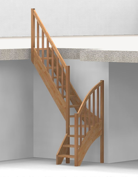 Raumspartreppe mit 1/4 Wendelung ab Stufe 3 - Brettstab Sprossen Geländer ab Eckpfosten und Zusatzgeländer außen ab Antritt bis Ecke - Treppenbreite 60 cm - Buche 40 mm - Angebot Nr. 3138552