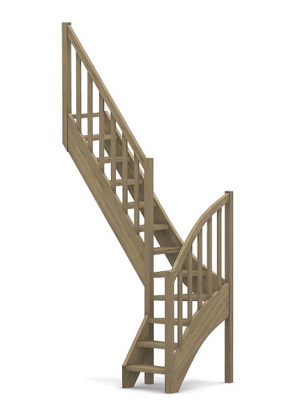 Raumspartreppe mit 1/4 Wendelung ab Stufe 3 - Brettstab Sprossen Geländer ab Eckpfosten und Zusatzgeländer außen ab Antritt bis Ecke - Treppenbreite 60 cm - Eiche 40 mm - Angebot Nr. 3178552