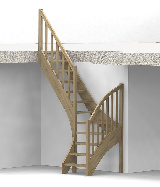 Nebentreppe mit 1/4 Wendelung ab Stufe 3 - Brettstab Sprossen Geländer ab Eckpfosten und Zusatzgeländer außen ab Antritt bis Ecke - Treppenbreite 75 cm - Eiche 40 mm - Angebot Nr. 3278552