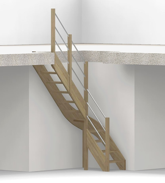 Raumspartreppe mit 1/4 Wendelung ab Stufe 4 und Pfostengeländer ab Antritt - 2 Alu Gurte mit Alu Handlauf und Mittelpfosten - Edelstahl wählbar - Treppenbreite 61 cm - Eiche 40 mm - Angebot Nr. 5178202