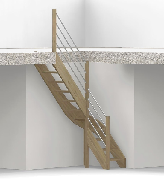 Raumspartreppe mit 1/4 Wendelung ab Stufe 4 und Pfostengeländer ab Antritt - 3 Alu Gurte mit Alu Handlauf - Edelstahl wählbar - Treppenbreite 61 cm - Eiche 40 mm - Angebot Nr. 5178002