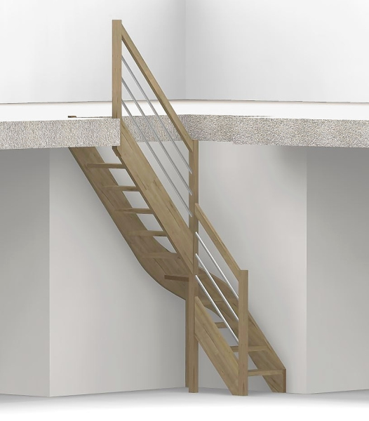 Raumspartreppe mit 1/4 Wendelung ab Stufe 4 und Pfostengeländer ab Antritt - 3 Alu Gurte mit Holzhandlauf - Edelstahl wählbar - Treppenbreite 61 cm - Eiche 40 mm - Angebot Nr. 51781102