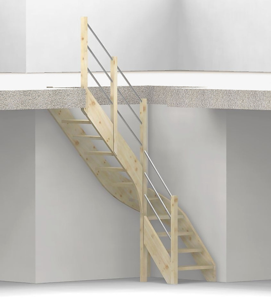 Nebentreppe mit 1/4 Wendelung ab Stufe 4 und Pfostengeländer ab Antritt - 2 Alu Gurte mit Alu Handlauf und Mittelpfosten - Edelstahl wählbar - Treppenbreite 75 cm - Fichte 40 mm - Angebot Nr. 5208202