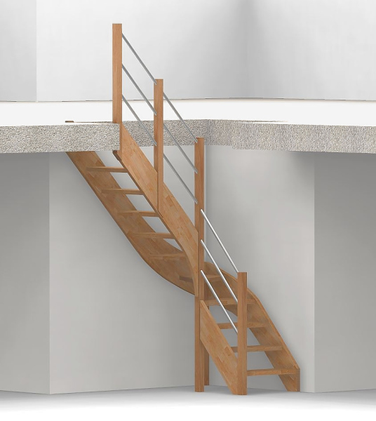 Nebentreppe mit 1/4 Wendelung ab Stufe 4 und Pfostengeländer ab Antritt - 2 Alu Gurte mit Alu Handlauf und Mittelpfosten - Edelstahl wählbar - Treppenbreite 75 cm - Buche 40 mm - Angebot Nr. 5238202