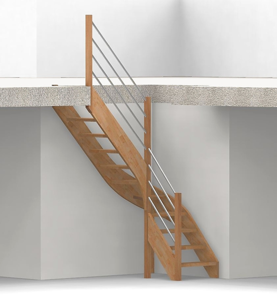 Nebentreppe mit 1/4 Wendelung ab Stufe 4 und Pfostengeländer ab Antritt - 3 Alu Gurte mit Alu Handlauf - Edelstahl wählbar - Treppenbreite 75 cm - Buche 40 mm - Angebot Nr. 5238002